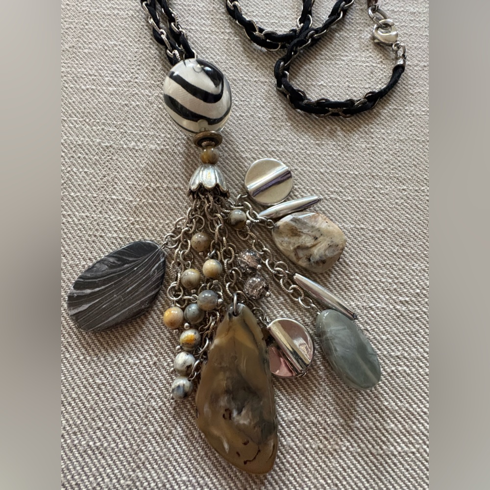 Vintage statement boho necklace silver chain black fabric mixed material cluster